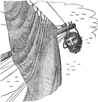 Blackbeard's head hanging from Maynard's ship
