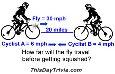 The Fly and the Bicycles Two bicyclists were facing each other with the front of their wheels exactly 20 miles apart. Both cyclists started moving towards each other. Cyclist A at exactly 6 mph and cyclist B at 4 mph. However, cyclist A had a fly on his wheel. When they started moving, the fly took off towards cyclist B traveling at 30 mph (a very fast fly!). As soon as the fly hit cyclist B's wheel, he instantly turned back towards cyclist A still traveling at exactly 30 mph, eventually hitting cyclist A's wheel, turning back towards cyclist B and repeating the process. Eventually the two front tires hit, squishing the fly. If you were to add up each segment the fly flew, how far did the fly travel before getting squished?