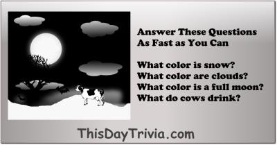 What color is snow? What color are clouds? A full moon? What do cows drink?
