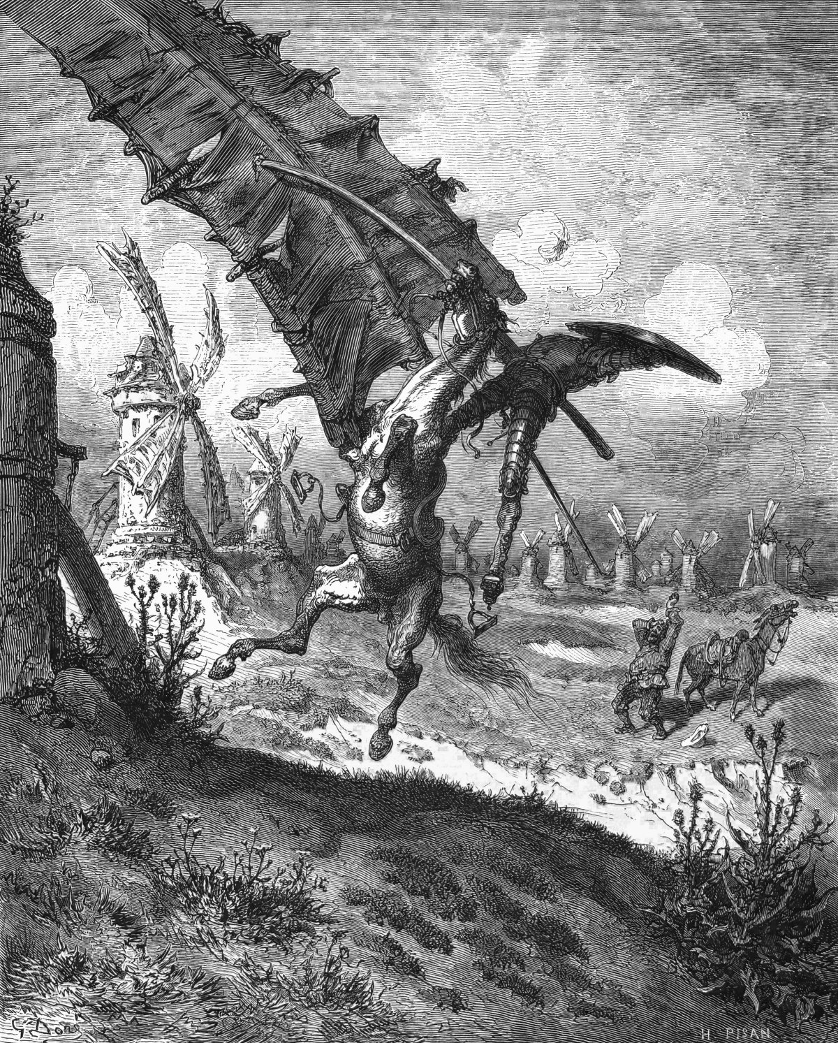 Windmill scene from Don Quixote