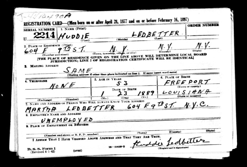 Draft card for musician Huddie Ledbetter (Lead Belly)