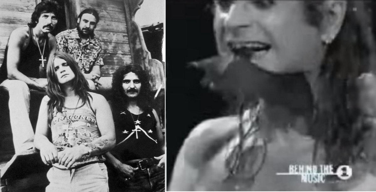 Osbourne (bottom left) with Black Sabbath and biting bat